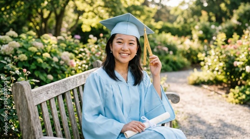 joyful graduate sitting on bench in garden wearing cap and gown on a sunny day