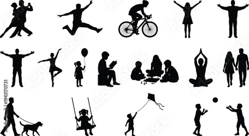 People lifestyle activity silhouettes collection dancing cycling yoga reading walking dog playing children and family leisure isolated black vector illustration