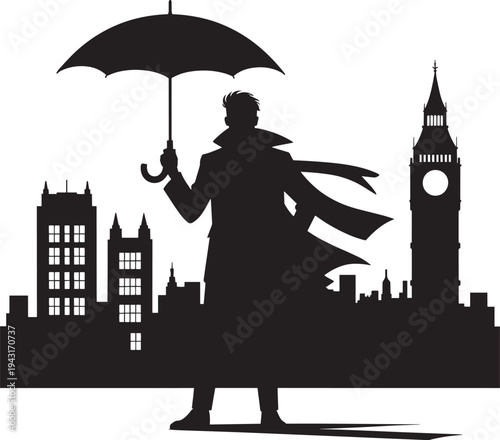 Vector silhouette of male traveler in trench coat holding umbrella against London backdrop