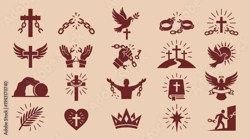 Collection of christianity symbols and icons including crosses doves hands chains and religious emblems on beige background