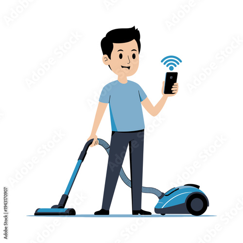 A smiling man controls a smart vacuum cleaner with his smartphone.