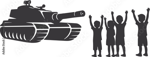 Children Standing In Front Of Tank Anti War Protest Silhouette Vector Illustration