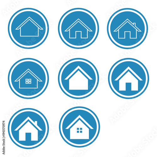 Set of blue circular home icons. Minimalist house silhouettes with variations of doors, windows, and chimneys. Vector web buttons for real estate, homepage, and property apps