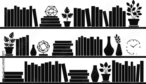 Bookshelf silhouette vector set with books potted plants and decorative vases on shelves isolated on white background for library and home interior design