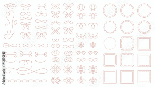 A collection of delicate hand drawn style ornamental elements in a light blush pink color arranged neatly on a white background high quality professional detailed modern