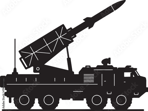 Black silhouette of military missile launcher on mobile vehicle also transparent background