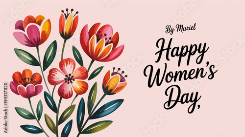 A vibrant illustration depicts a bouquet of colorful tulips and foliage accompanied by elegant cursive text wishing a happy women s day high quality professional detailed