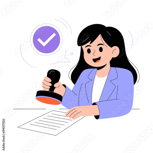 A woman in a purple blazer using a rubber stamp on a document