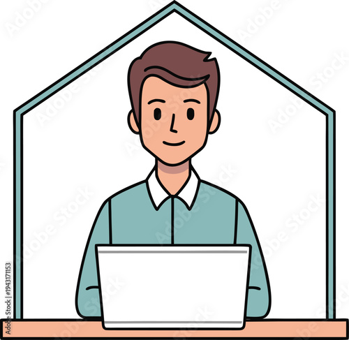 A cartoon man working on a laptop from home with a cheerful expression