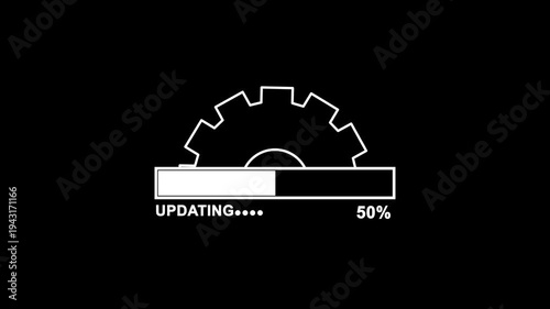 Loading bar animation with software update and settings icons. Smooth animated progress bar showing upload or update process with spinning settings gear symbol. High quality 4K motion graphics 