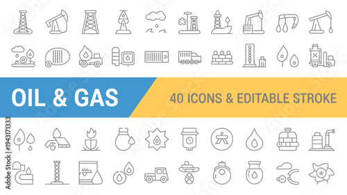 An assortment of oil and gas industry icons are displayed in a linear style representing various related elements high quality professional detailed modern elegant stylish clean