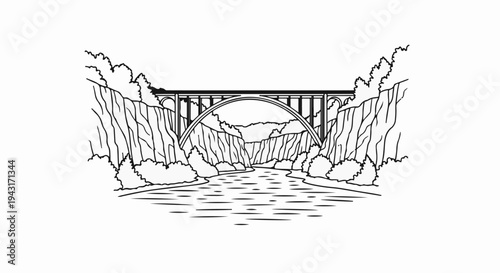 A black and white illustration of a large arched bridge spanning a river valley