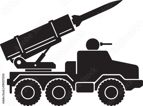 Black silhouette of rocket launcher mounted on six- wheeled military vehicle also transparent background