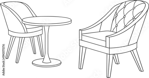  A stylish ensemble featuring two elegant armchairs and a small, round table, perfect for intimate conversations and relaxed gatherings. 