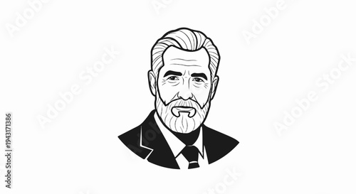 A black and white sketch of a distinguished older man with a beard