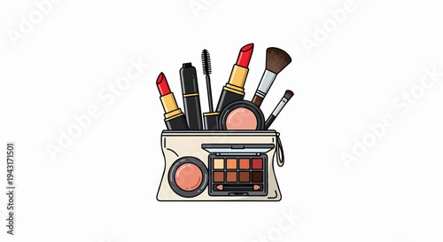 A cosmetic bag filled with makeup, including lipsticks, mascara, brushes, and eyeshadow