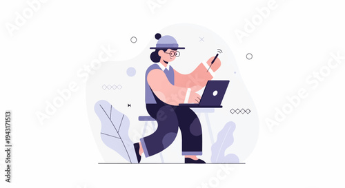 A person in a hat and glasses works on a laptop with a stylus