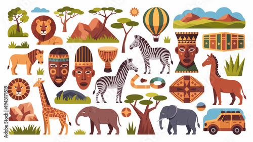 A vibrant illustration depicts an african safari scene with diverse wildlife cultural elements and landscape features high quality professional detailed modern elegant stylish clean crisp colorful