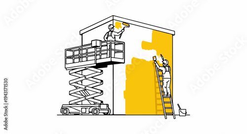 Workers paint a building facade yellow using a lift and ladder