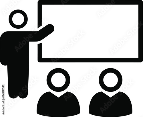 Instructor figure pointing toward a large blank rectangular screen during a simplified training presentation session.