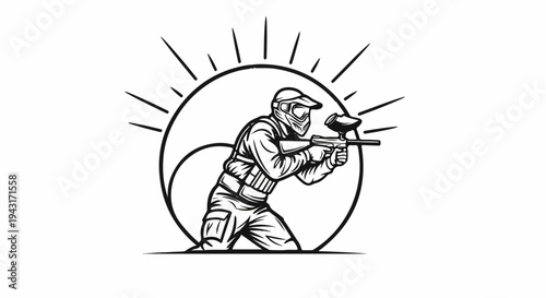 A dynamic black and white graphic depicts a paintball player in action