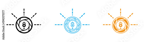 Three colored icons of a camera lens with rays and dotted lines