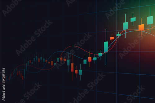 Abstract financial stock market chart with candlestick data indicators and trend lines on dark blue grid background for trading analysis visualization