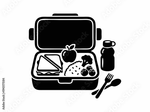 Healthy school lunch box with sandwich and fruits icon, nutritious meal prep concept.