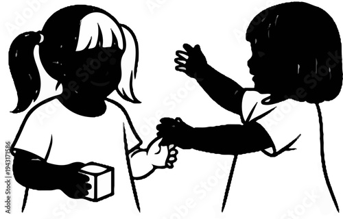 Two children interacting, one holding a block and the other reaching out