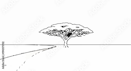 A lone acacia tree stands beside a curving path under a vast, empty sky