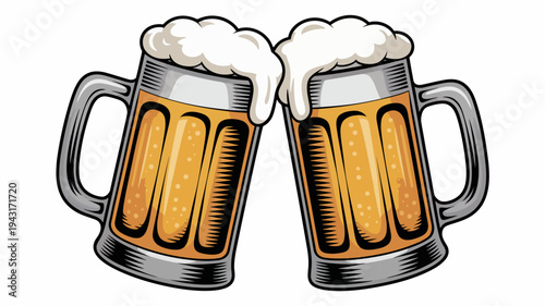Two overflowing mugs of golden beer are clinking together in a celebratory toast showcasing frothy heads high quality professional detailed modern elegant stylish clean crisp vibrant