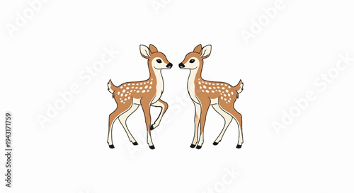 Two spotted fawns facing each other, gentle and curious expressions