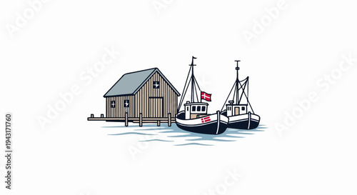 Two boats docked at a wooden building by the water