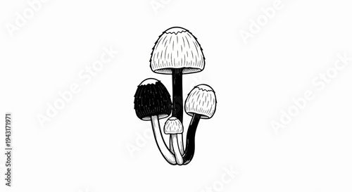 A black and white ink drawing of a cluster of mushrooms