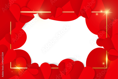 Red origami paper hearts with gold shiny glowing vintage frame background isolated on transparent. Luxury wedding, Valentines or mothers day concept. Love, feelings, tenderness design. Vector PNG