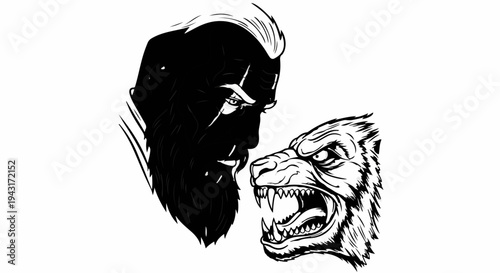 Warrior man and snarling wolf face off, dramatic black and white graphic