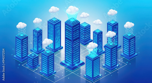 Isometric cityscape with blue skyscrapers and rain clouds  urban landscape