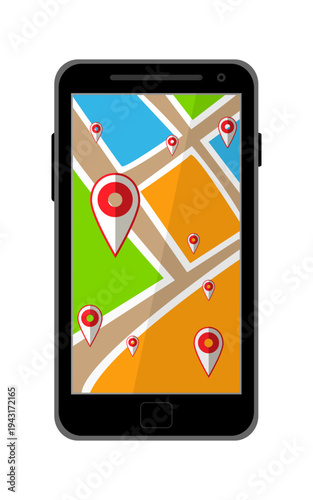 Flat style classic black modern mobile phone with navigator program isolated on transparent background. Vector PNG