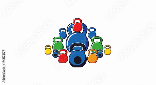 Various colored kettlebells arranged in a circular pattern on a white background