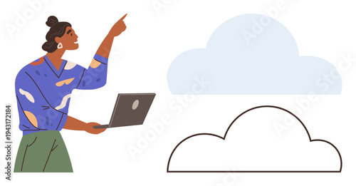 Cloud computing, data storage, technology solutions, digital services, remote work, innovation. Woman holding laptop pointing at clouds. Cloud computing and data storage visualization