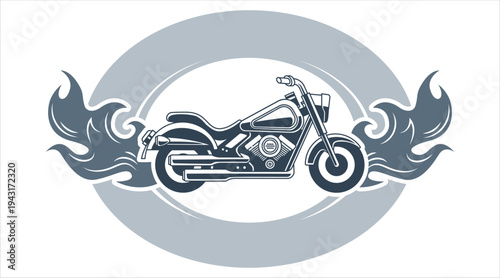 Classic custom motorcycle emblem with stylized blue flames