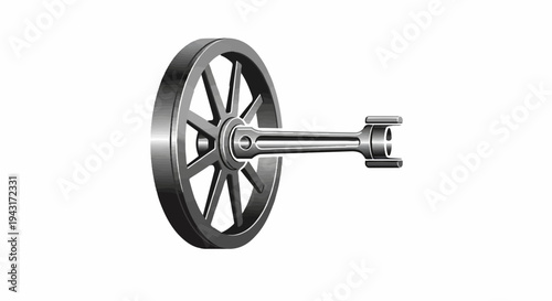 A greyscale illustration of a spoked wheel and piston assembly