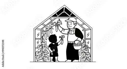 A gardener and child pick cucumbers in a greenhouse
