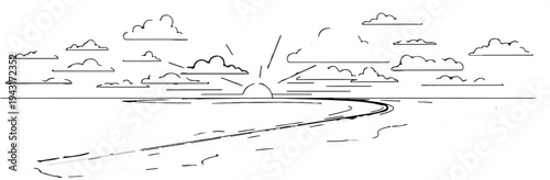 A minimalist line drawing depicts a winding road leading towards a sunrise over the horizon