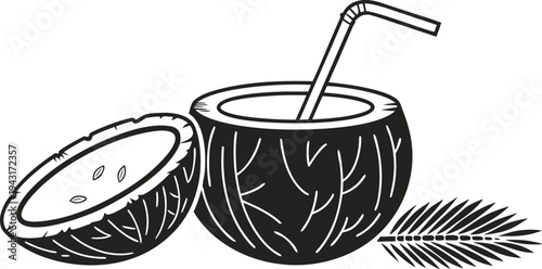  A refreshing coconut drink, perfect for a sunny day, showcasing a sliced coconut with a straw, capturing the essence of a tropical getaway.