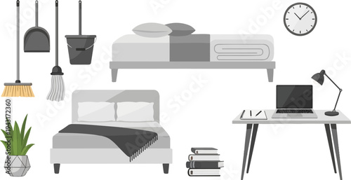 A monochrome illustration of bedroom furniture, cleaning tools, and a desk setup