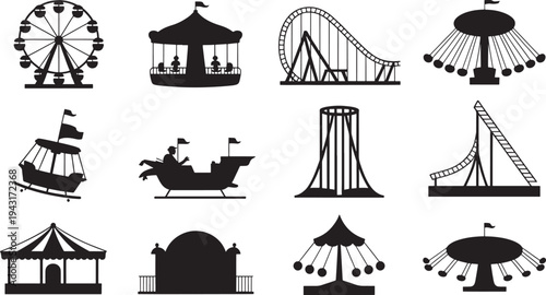 Black and white amusement park ride on a white background rides