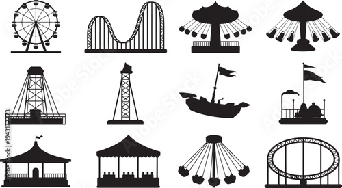 Black and white amusement park ride silhouettes on white background rides