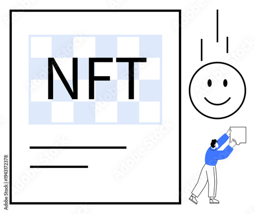 NFT concept. Visual ation of NFT with blockchain-inspired checkered background and minimalistic elements. NFTs revolutionizing digital art ownership and blockchain integration. For tech, finance