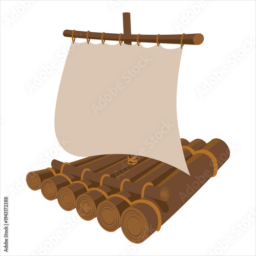 Rustic wooden raft with sail isolated on white background